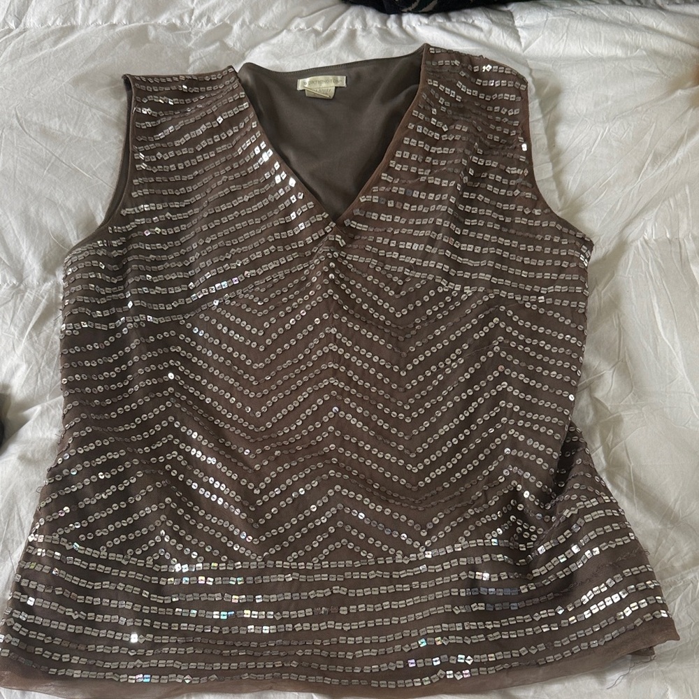 Worthington Brown Sequin V-Neck Blouse